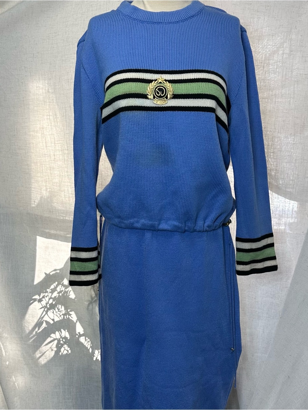 Vtg St. John Sport Marie Gray Blue Knit Stripe Long Sleeve Top & Skirt Set 90s